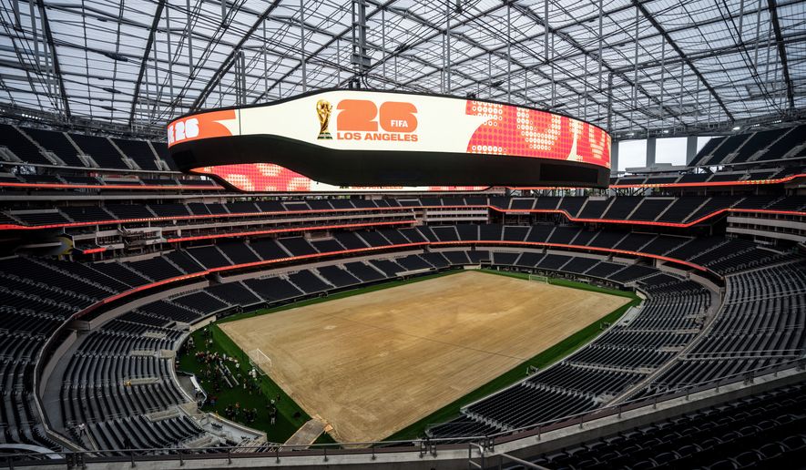 FILE - A general view shows SoFi Stadium in Inglewood, Calif., Tuesday, May 12, 2026, during a media event for the upcoming FIFA World Cup soccer tournament.. (AP Photo/Jae C. Hong,File)