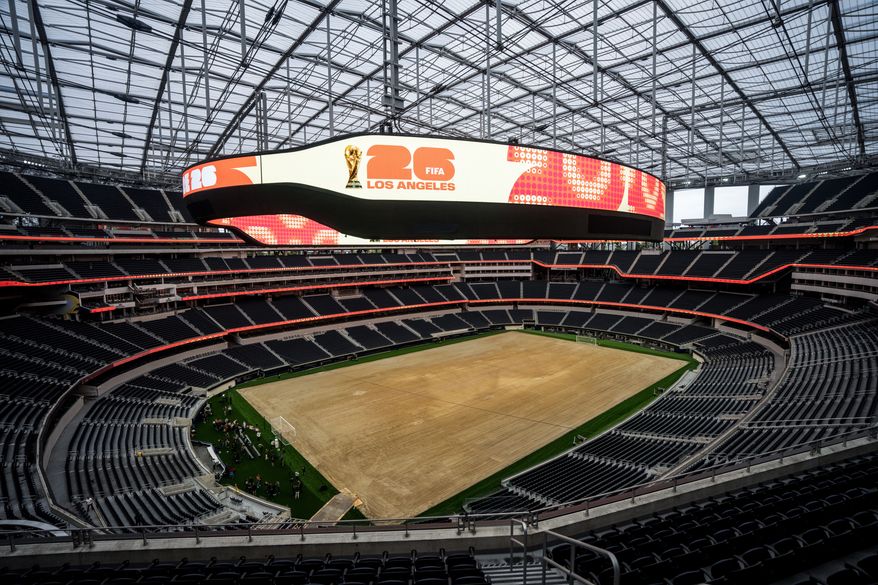 FILE - A general view shows SoFi Stadium in Inglewood, Calif., Tuesday, May 12, 2026, during a media event for the upcoming FIFA World Cup soccer tournament.. (AP Photo/Jae C. Hong,File)