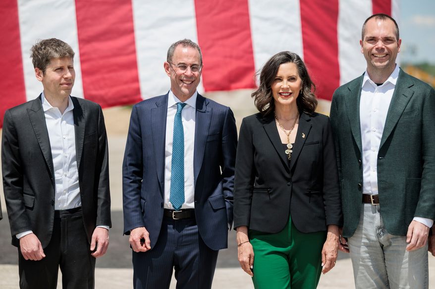 From left; OpenAI CEO Sam Altman, Related Companies CEO Brent Behrman, Gov. Gretchen Whitmer and Oracle CEO Clay Magouyrk during the groundbreaking for the Barn data center in Saline Township , Mich., on Monday, June 1, 2026. (Jacob Hamilton/Ann Arbor News via AP)