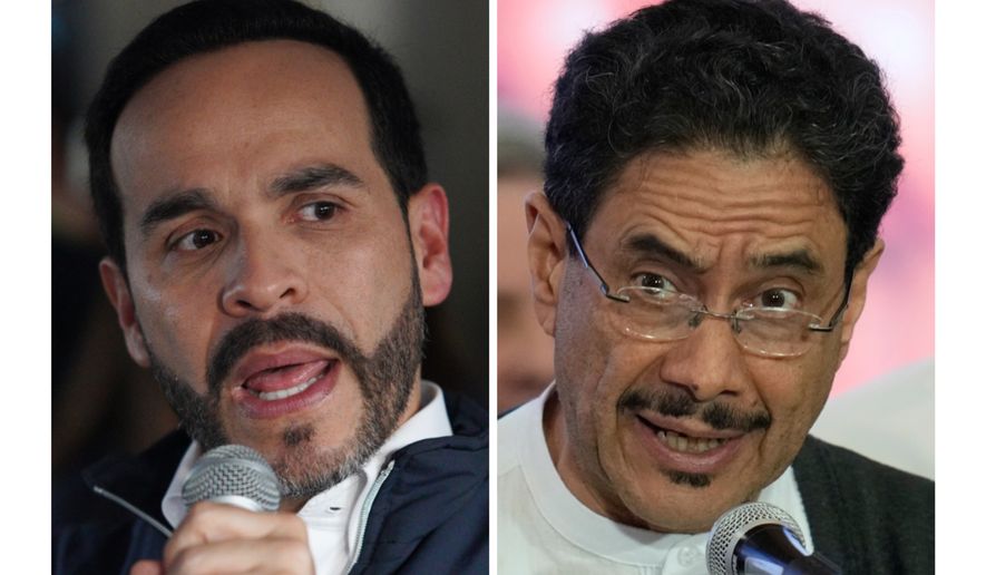 In this combination of photos shows presidential candidates Abelardo de la Espriella, left, on May 6, 2026, and Ivan Cepeda on May 31, 2026, in Bogota, Colombia. (AP Photo)
