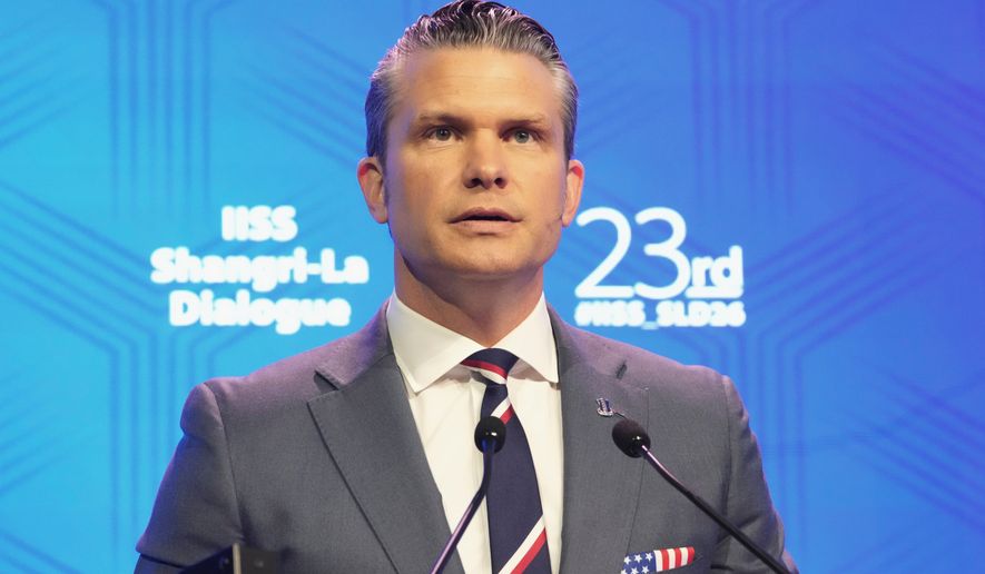 U.S. Defense Secretary Pete Hegseth delivers his address during the Shangri-La Dialogue, Asia's annual defense and security forum, in Singapore, Saturday, May 30, 2026. (AP Photo/Achmad Ibrahim)