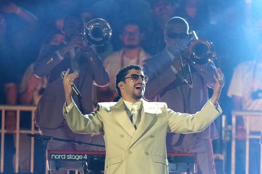 Bad Bunny performs in concert during his Debi Tirar Mas Fotos World Tour, at the Allianz Parque stadium in Sao Paulo, Friday, Feb. 20, 2026. (AP Photo/Andre Penner, File)