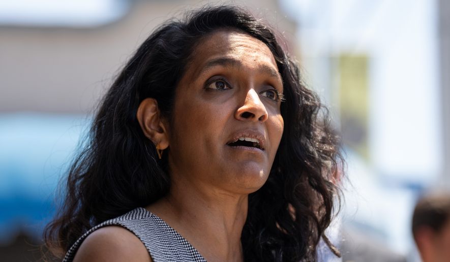 Los Angeles mayoral candidate Nithya Raman talks to reporters after a campaign event in Los Angeles, Monday, June 1, 2026. (AP Photo/Jae C. Hong)