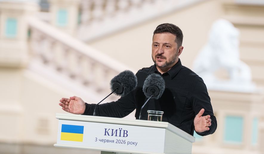 Ukraine's President Volodymyr Zelenskyy speaks to journalists during a joint press conference with NATO Secretary General Mark Rutte in Kyiv, Ukraine, on Wednesday, June 3, 2026. (AP Photo/Evgeniy Maloletka)