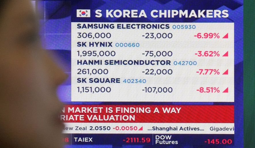 A screen shows the stock prices of South Korean chipmakers at the foreign exchange dealing room of the Hana Bank headquarters in Seoul, South Korea, Monday, June 8, 2026. (AP Photo/Ahn Young-joon)