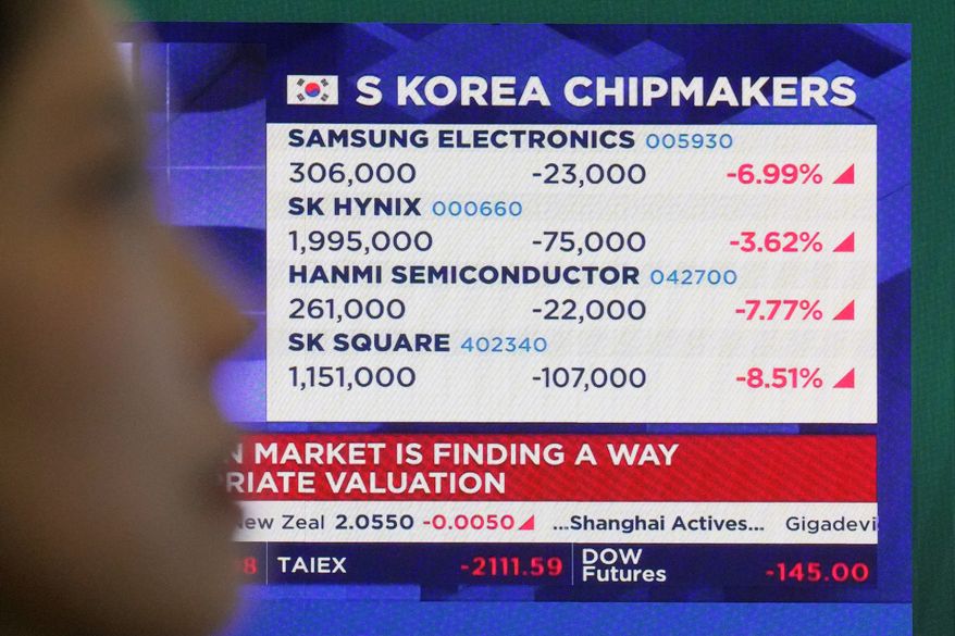 A screen shows the stock prices of South Korean chipmakers at the foreign exchange dealing room of the Hana Bank headquarters in Seoul, South Korea, Monday, June 8, 2026. (AP Photo/Ahn Young-joon)