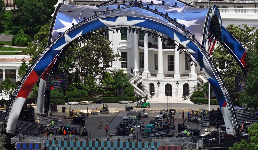 Construction continues on the arena on the South Lawn of the White House for a future UFC mixed martial arts fight, Saturday, June 6, 2026, in Washington. (AP Photo/John McDonnell)
