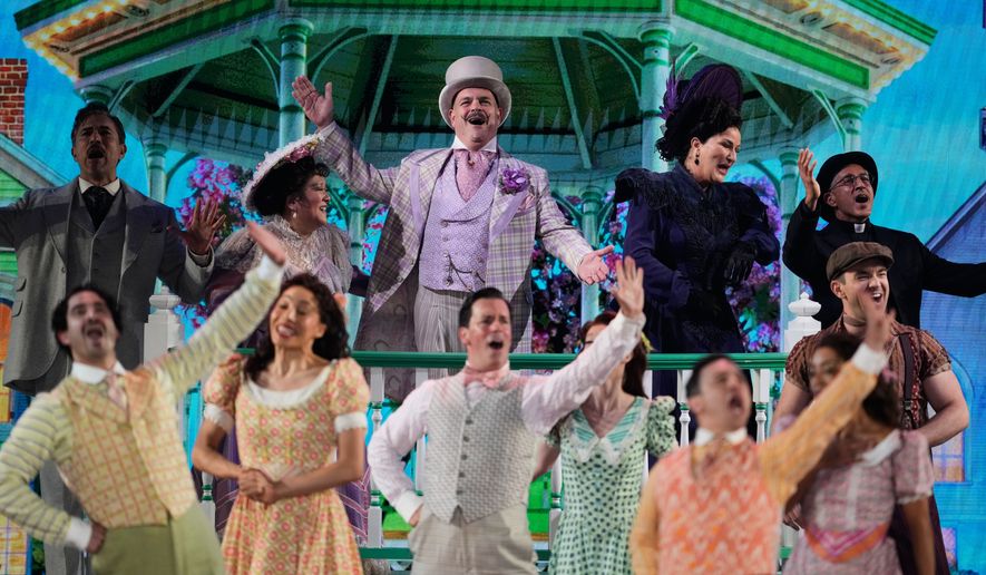 Ann Harada, from second left, Brad Oscar, Ana Gasteyer, Maulik Pancholy and the cast of "Schmigadoon!" perform during the 79th Tony Awards on Sunday, June 7, 2026, at Radio City Music Hall in New York. (Photo by Charles Sykes/Invision/AP)