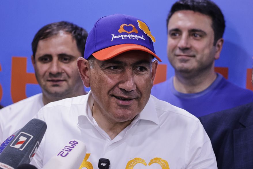 Armenian Prime Minister Nikol Pashinyan speaks at his Armenia Ruling Civil Contract party headquarters after parliamentary elections in Yerevan, Armenia, Monday, June 8, 2026. (AP Photo/Anthony Pizzoferrato)