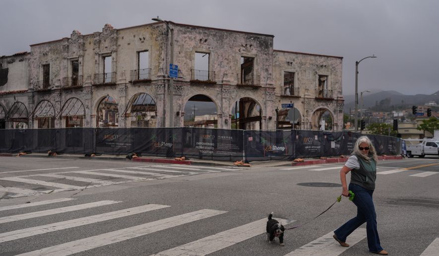 D. Berryman walks her dog, Tiny Dancer, past a fire-damaged building more than a year after the Palisades Fire in the Pacific Palisades neighborhood of Los Angeles, Thursday, June 4, 2026. (AP Photo/Jae C. Hong)