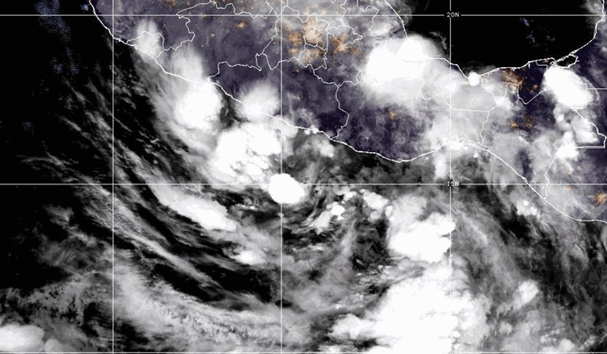 This satellite image provided by CIRA/NOAA, shows Tropical Storm Boris forming just off the coast of Guerrero Mexico, on Monday, June 8, 2026. (CIRA/NOAA via AP)
