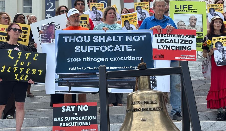 Protesters gather outside the Capitol in Montgomery, Ala., on Monday, June 8, 2026, to oppose an upcoming execution in Alabama. (AP Photo/Kim Chandler)