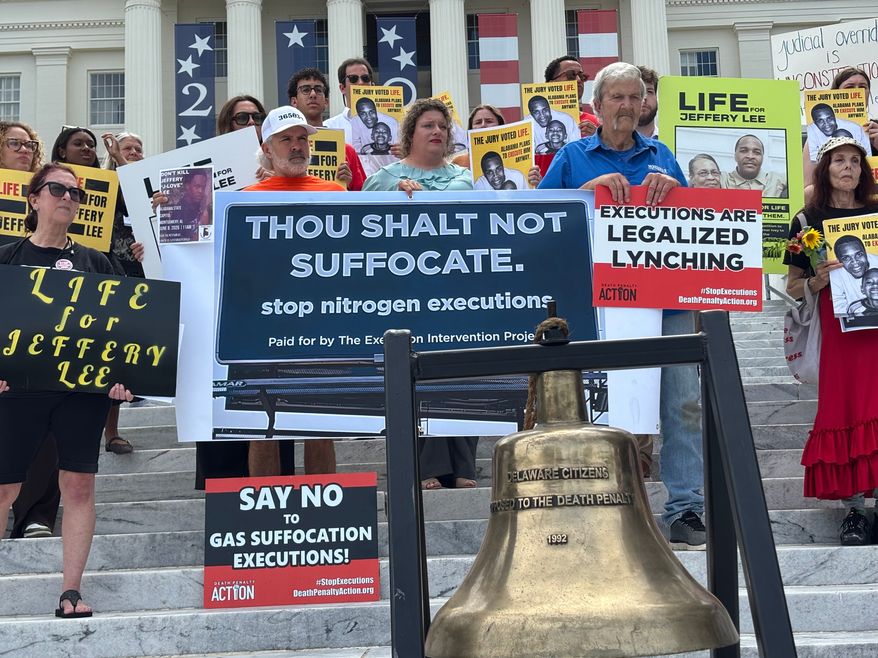 Protesters gather outside the Capitol in Montgomery, Ala., on Monday, June 8, 2026, to oppose an upcoming execution in Alabama. (AP Photo/Kim Chandler)
