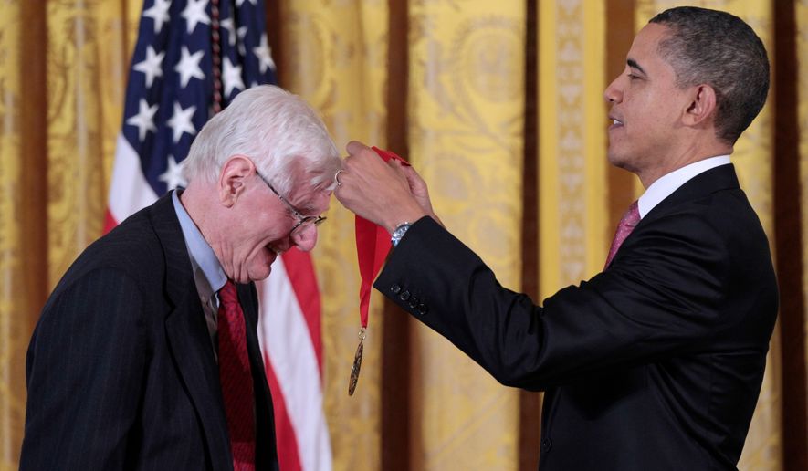 President Barack Obama presents a National Humanities Medal to author, historian and Brown University professor emeritus, Gordon Wood, during a ceremony in the East Room of the White House in Washington on March 2, 2011. (AP Photo/Pablo Martinez Monsivais, File)