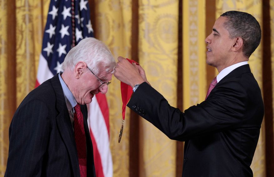 President Barack Obama presents a National Humanities Medal to author, historian and Brown University professor emeritus, Gordon Wood, during a ceremony in the East Room of the White House in Washington on March 2, 2011. (AP Photo/Pablo Martinez Monsivais, File)