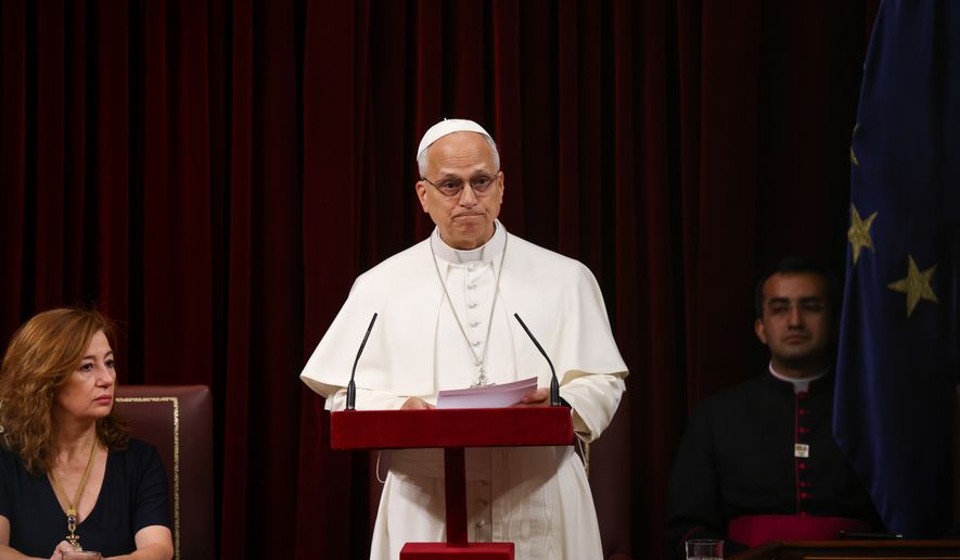 Francina Armengol, President of the Congress of Deputies of Spain, looks on as Pope Leo XIV speaks at the Spanish Parliament in Madrid, Monday, June 8, 2026. (Yara Nardi/Pool Photo via AP)