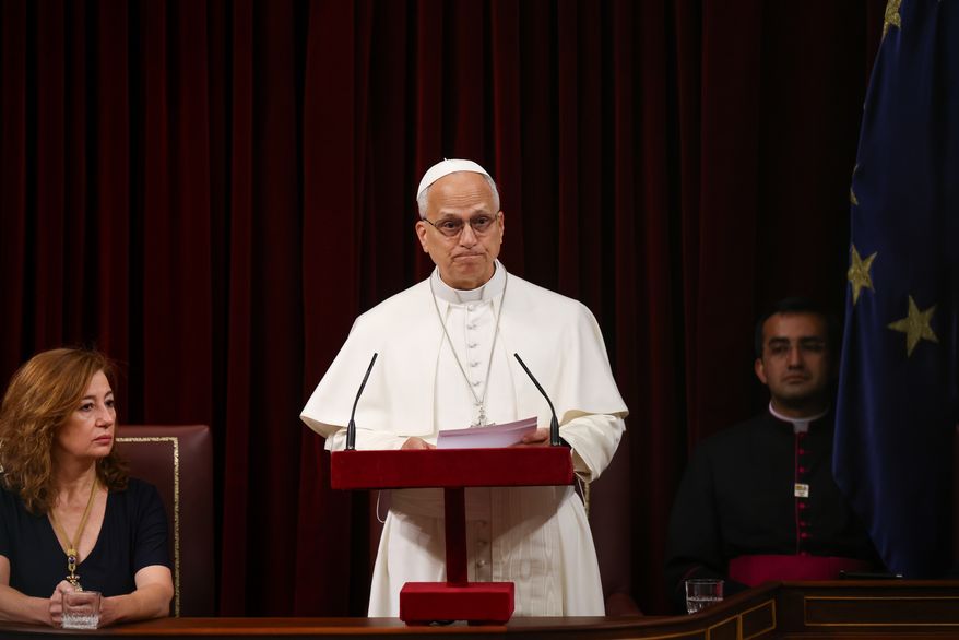 Francina Armengol, President of the Congress of Deputies of Spain, looks on as Pope Leo XIV speaks at the Spanish Parliament in Madrid, Monday, June 8, 2026. (Yara Nardi/Pool Photo via AP)