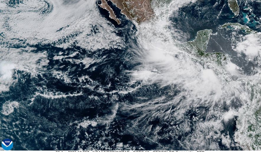 In this satellite image released by NOAA, Tropical Storm Christina is forming on the Pacific Ocean off the coast of Nicaragua, Monday, Jun 8, 2026. (NOAA via AP)
