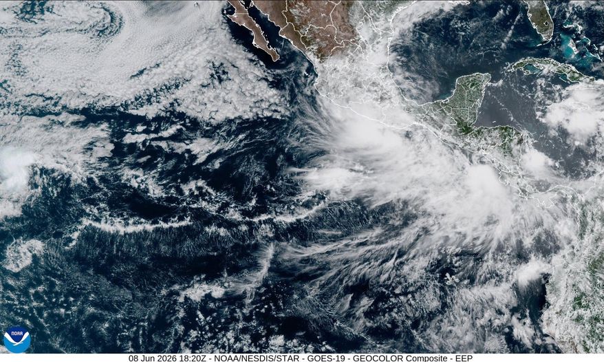 In this satellite image released by NOAA, Tropical Storm Christina is forming on the Pacific Ocean off the coast of Nicaragua, Monday, Jun 8, 2026. (NOAA via AP)