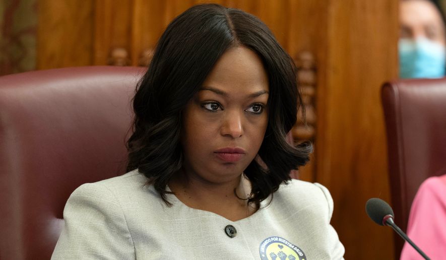 D.C. Council member Janeese Lewis George speaks during the council hearing on the fiscal year 2027 budget at the Wilson Building, City Hall, Tuesday, June 9, 2026, in Washington. (AP Photo/Jose Luis Magana)