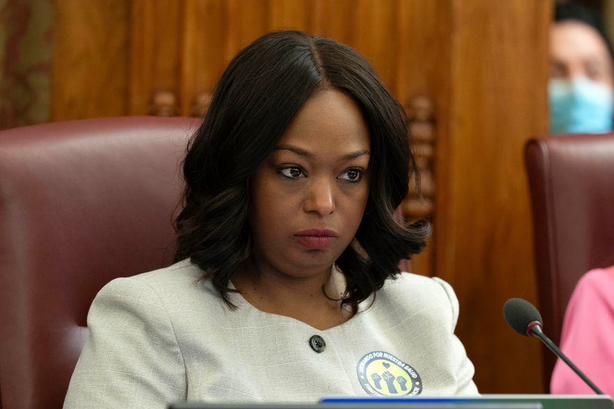 D.C. Council member Janeese Lewis George speaks during the council hearing on the fiscal year 2027 budget at the Wilson Building, City Hall, Tuesday, June 9, 2026, in Washington. (AP Photo/Jose Luis Magana)