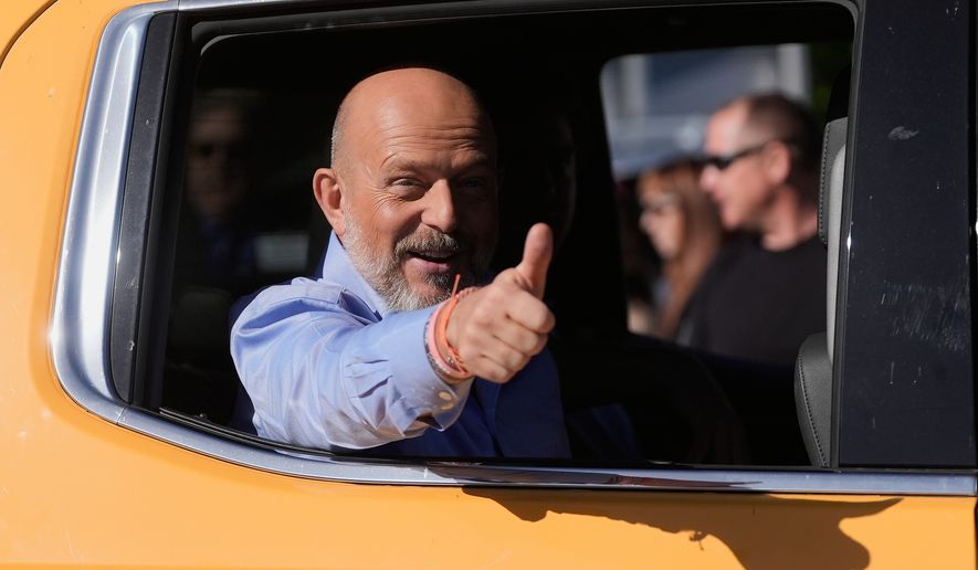 California Republican gubernatorial candidate Steve Hilton gestures after speaking at a news conference at the San Mateo County Elections office Friday, June 5, 2026, in San Mateo, Calif. (AP Photo/Jeff Chiu)
