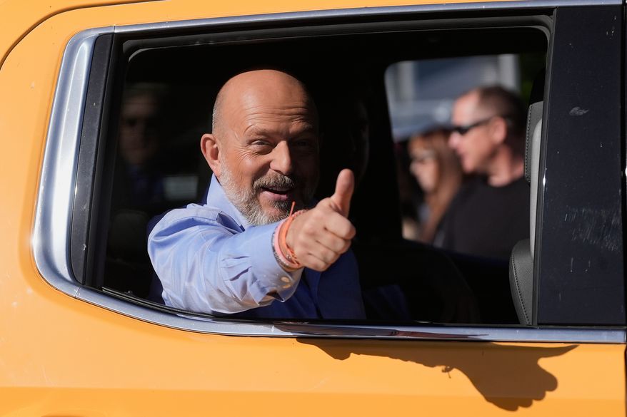 California Republican gubernatorial candidate Steve Hilton gestures after speaking at a news conference at the San Mateo County Elections office Friday, June 5, 2026, in San Mateo, Calif. (AP Photo/Jeff Chiu)