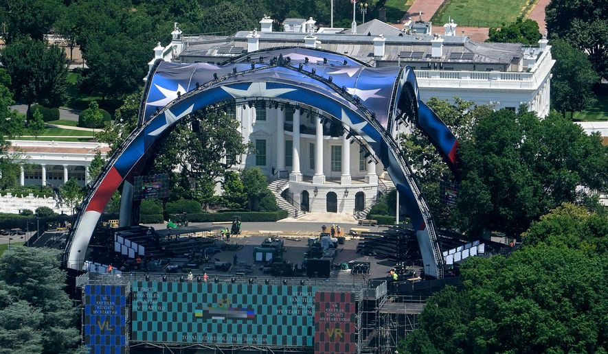 Workers continue building the stage for a future UFC fight on the South Lawn of the White House in Washington, Sunday, June 7, 2026. (AP Photo/Rod Lamkey, Jr.)