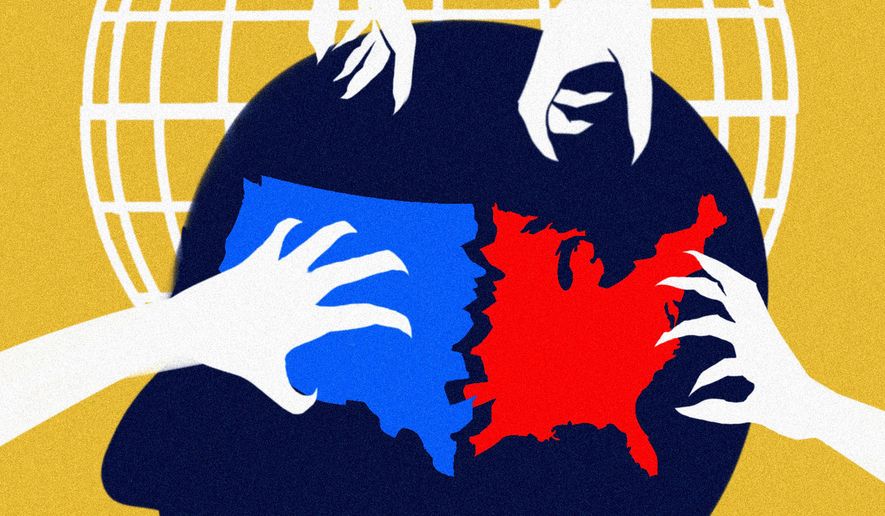 Conservative and liberal division created by social media in the United States of America illustration by Linas Garsys / The Washington Times