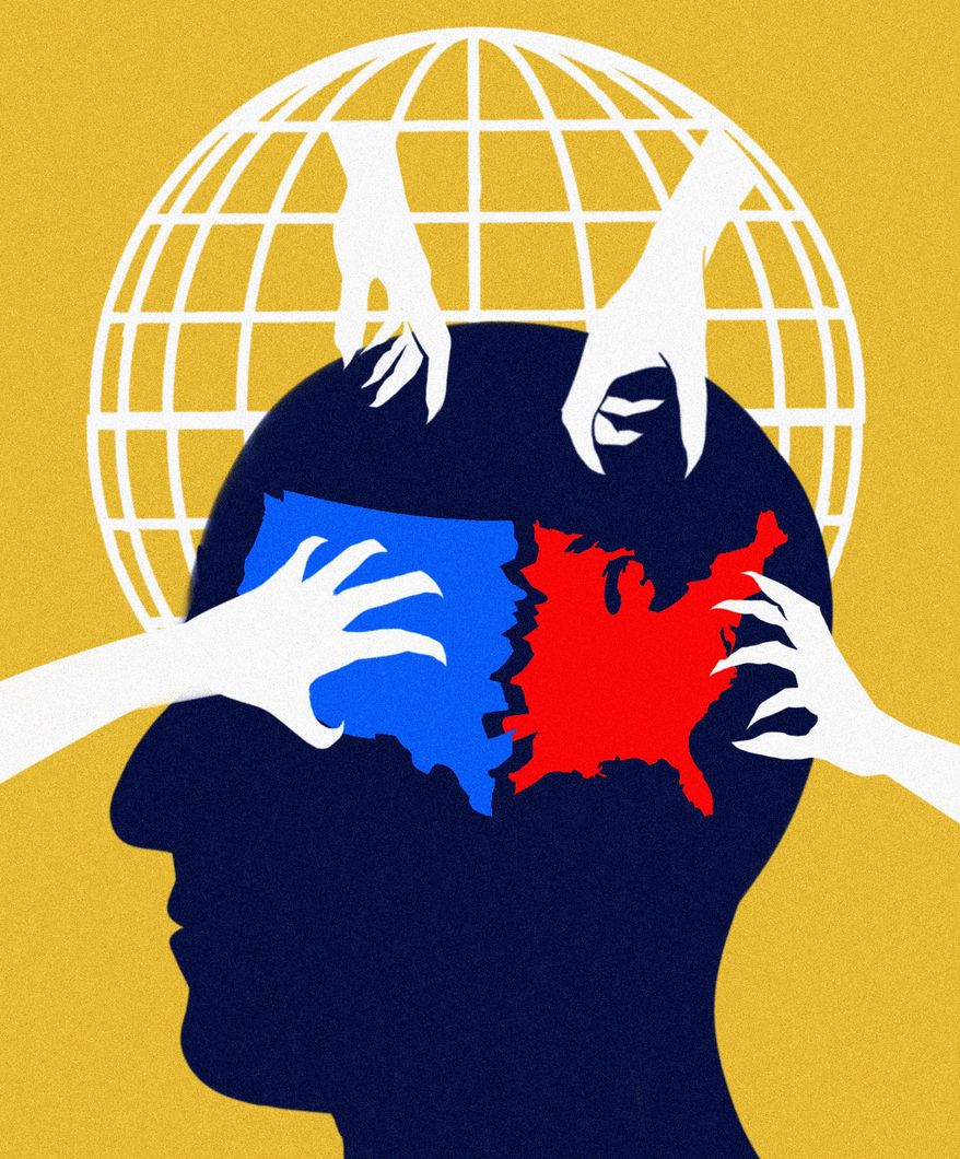 Conservative and liberal division created by social media in the United States of America illustration by Linas Garsys / The Washington Times