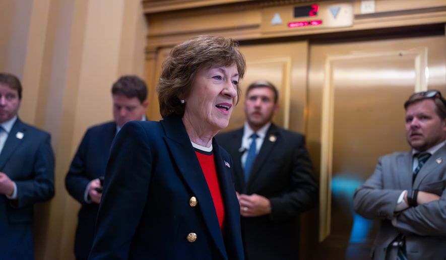 Sen. Susan Collins, R-Maine, chair of the Senate Appropriations Committee, heads to the chamber before votes on the immigration enforcement funding package, at the Capitol in Washington, Thursday, June 4, 2026. (AP Photo/J. Scott Applewhite) ** FILE **