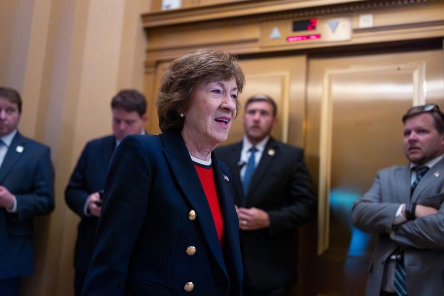 Sen. Susan Collins, R-Maine, chair of the Senate Appropriations Committee, heads to the chamber before votes on the immigration enforcement funding package, at the Capitol in Washington, Thursday, June 4, 2026. (AP Photo/J. Scott Applewhite) ** FILE **