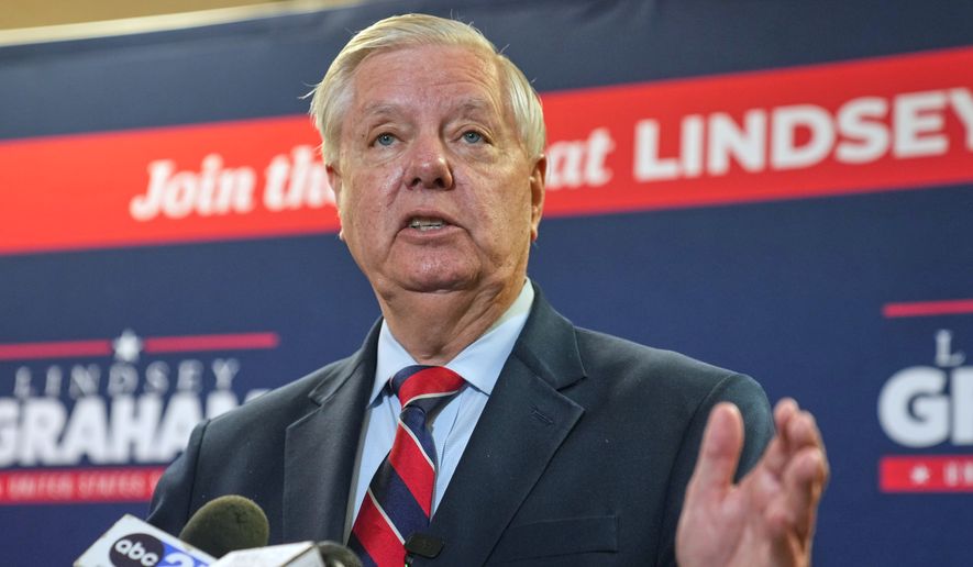 Sen. Lindsey Graham, R-S.C., speaks with supporters after filing his reelection paperwork, March 16, 2026, in Columbia, S.C. (AP Photo/Meg Kinnard, File)
