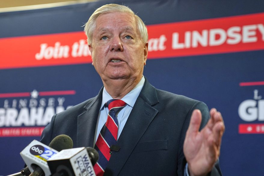 FILE - Sen. Lindsey Graham, R-S.C., speaks with supporters after filing his reelection paperwork, March 16, 2026, in Columbia, S.C. (AP Photo/Meg Kinnard, File)