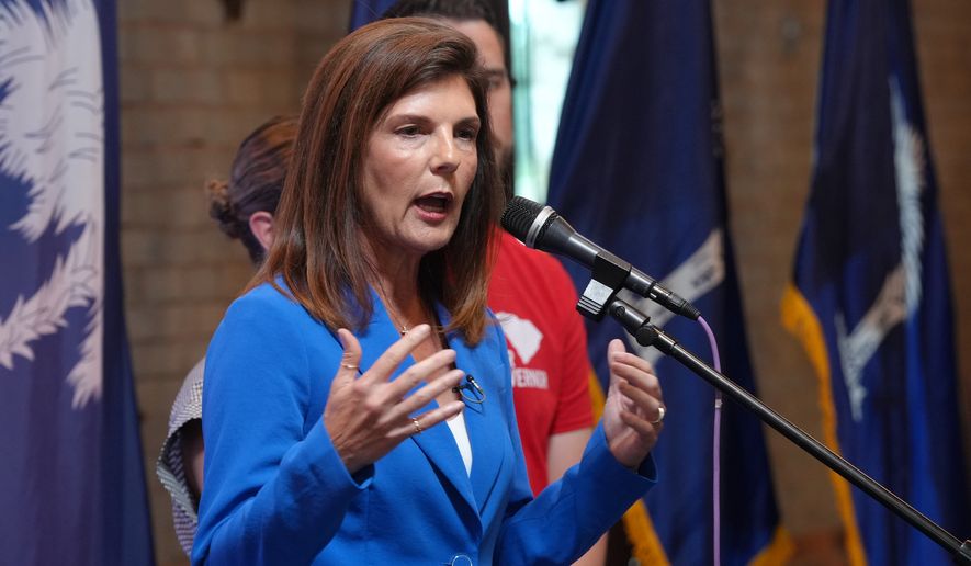 South Carolina Lt. Gov. Pamela Evette speaks during the final rally of her GOP primary campaign for governor on Monday, June 8, 2026, in Greer, S.C. (AP Photo/Meg Kinnard)