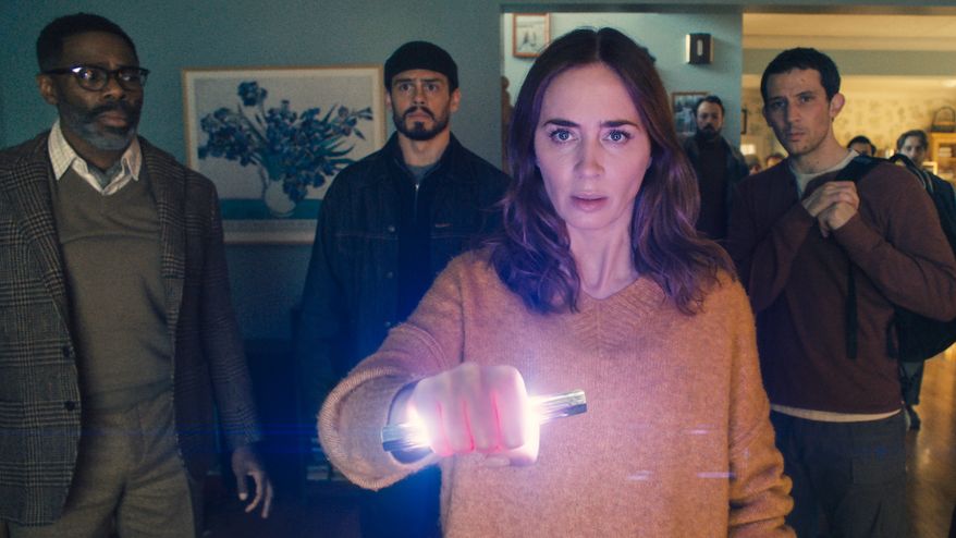 This image released by Universal Pictures shows Colman Domingo, from left, Tommy Martinez, Emily Blunt and Josh O'Connor in a scene from "Disclosure Day." (Universal Pictures and Amblin Entertainment via AP)