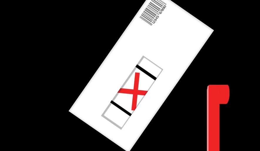 The U.S. Postal Service and mail-in ballots' integrity for elections illustration by Alexander Hunter/The Washington Times