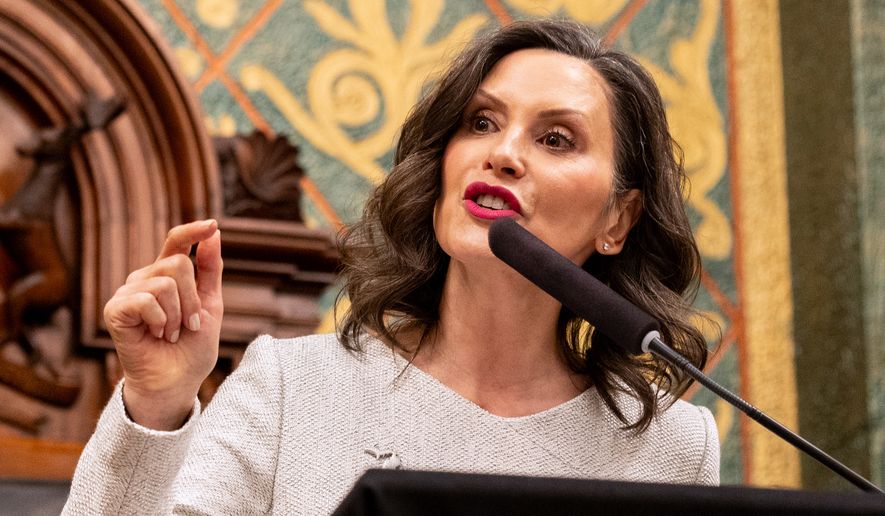 Michigan Gov. Gretchen Whitmer delivers the State of the State address at the Michigan Capitol Building in Lansing, Mich., Feb. 25, 2026. (Devin Anderson-Torrez/Kalamazoo Gazette via AP, File)