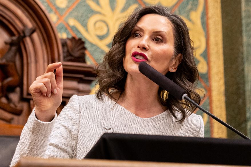 Michigan Gov. Gretchen Whitmer delivers the State of the State address at the Michigan Capitol Building in Lansing, Mich., Feb. 25, 2026. (Devin Anderson-Torrez/Kalamazoo Gazette via AP, File)