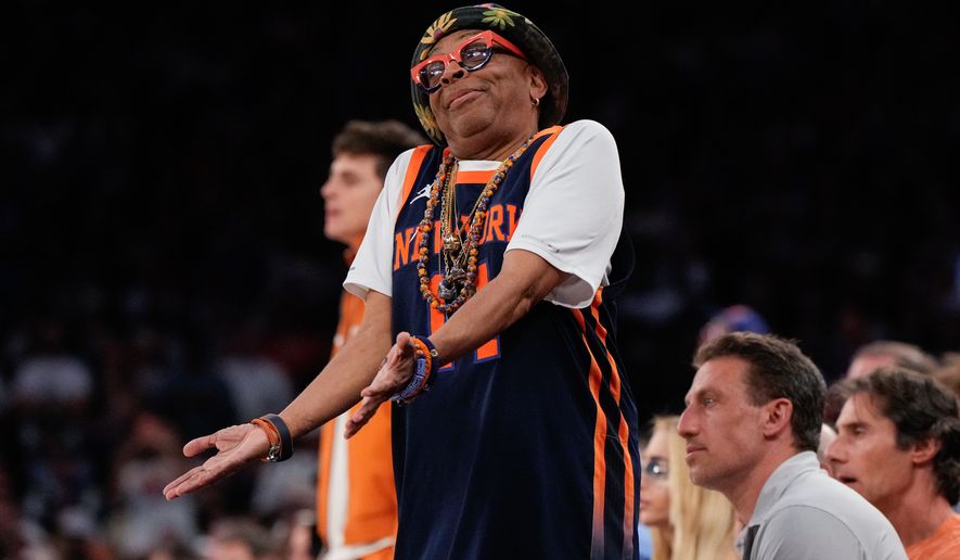 Filmmaker Spike Lee watches during second half of Game 3 of the NBA Finals basketball series between the New York Knicks and the San Antonio Spurs, Monday, June 8, 2026, in New York. (AP Photo/Ross D. Franklin)