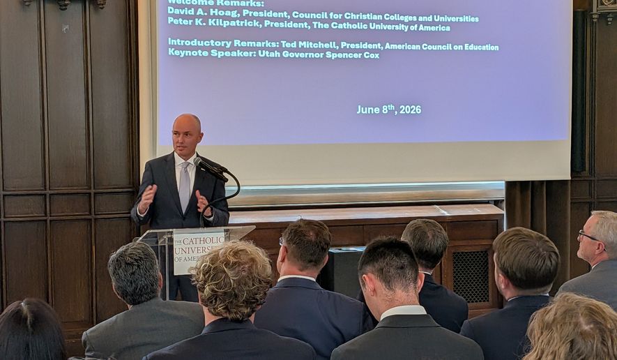 Utah Gov. Spencer Cox, a Republican, addressed a gathering of the nation's Christian and Jewish colleges on Monday, June 8, 2026, at The Catholic University of America. (Sean Salai/The Washington Times)