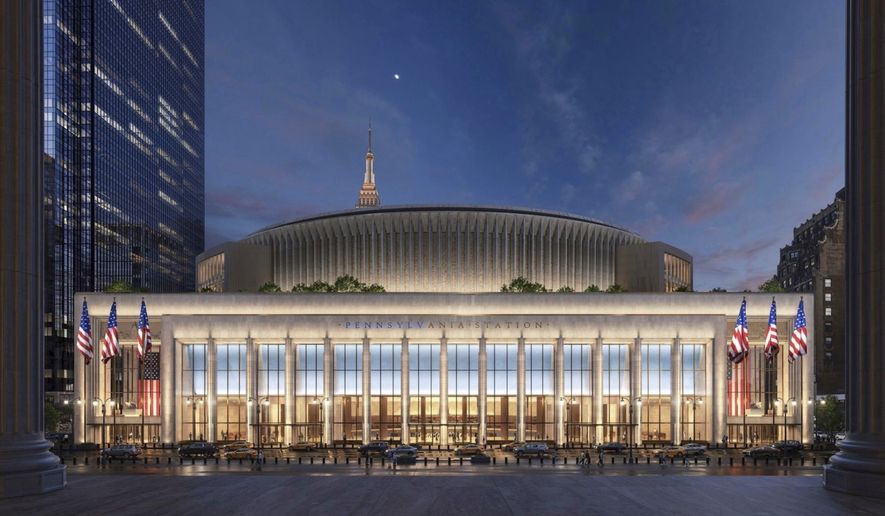 This artistic rendering provided by Heller Inc. shows a dramatically redesigned Pennsylvania Station in New York City. (Heller Inc. via AP)