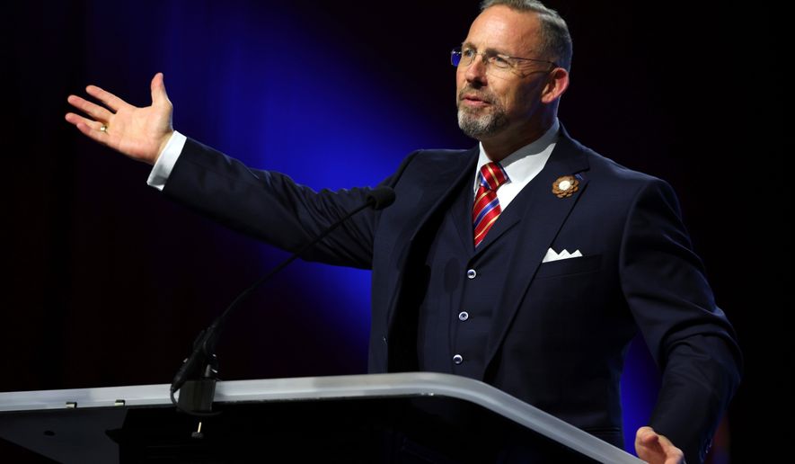 Southern Baptist Convention President Clint Pressley gives the President's Address during the 2025 SBC Annual Meeting, June 10, 2025, in Dallas. (AP Photo/Richard W. Rodriguez, File)