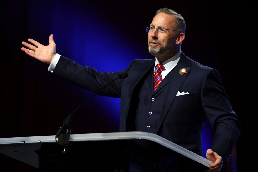 Southern Baptist Convention President Clint Pressley gives the President's Address during the 2025 SBC Annual Meeting, June 10, 2025, in Dallas. (AP Photo/Richard W. Rodriguez, File)