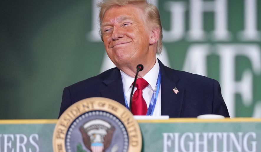 President Donald Trump listens during an event at Custer Farms in Chippewa Falls, Wis., Friday, June 5, 2026. (AP Photo/Mark Schiefelbein)