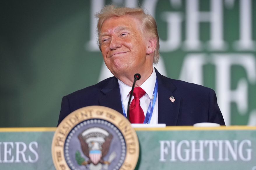 President Donald Trump listens during an event at Custer Farms in Chippewa Falls, Wis., Friday, June 5, 2026. (AP Photo/Mark Schiefelbein)