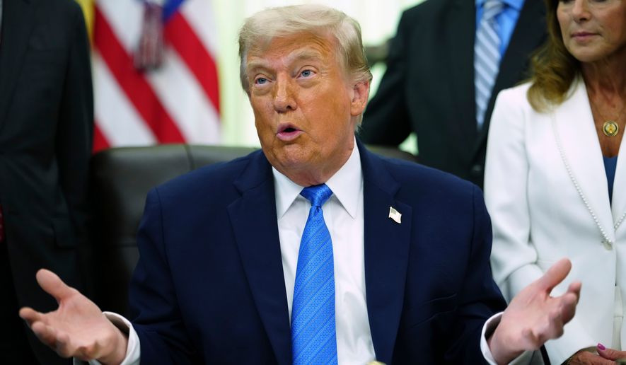 President Donald Trump speaks in the Oval Office of the White House, Wednesday, June 10, 2026, in Washington. (AP Photo/Julia Demaree Nikhinson)