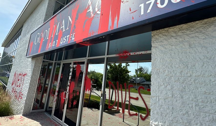 FILE - Pro-Palestinian graffiti mars the outside of the Goodman Acker law offices, June 3, 2024, in Southfield, Mich., just north of Detroit. (AP Photo/Corey Williams, File)