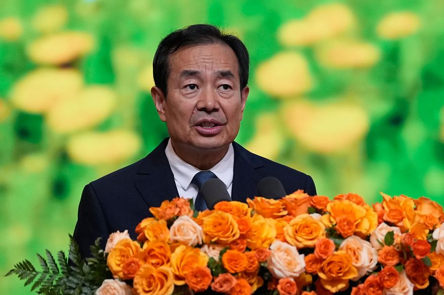 China's Communist Party Secretary of the Xinjiang Uyghur Autonomous Region Chen Xiaojiang delivers his opening keynote address for the 2026 International conference of Trans-Altai Subregional Cooperation in Altay Prefecture, northwest China's Xinjiang Uyghur Autonomous Region, Wednesday, June 10, 2026. (AP Photo/Andy Wong)