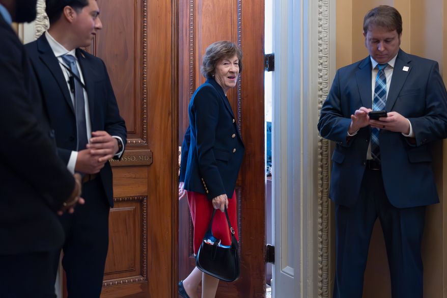 Sen. Susan Collins, R-Maine, chair of the Senate Appropriations Committee, heads to the chamber before votes on the immigration enforcement funding package, at the Capitol in Washington, Thursday, June 4, 2026. (AP Photo/J. Scott Applewhite)